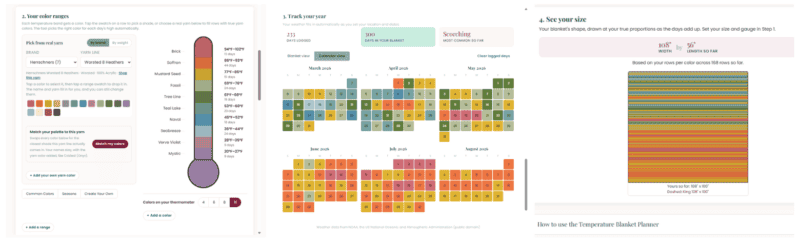 The Temperature Blanket Planner showing color ranges, a calendar of colored days, and a scaled preview of the finished blanket.