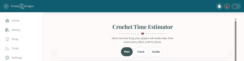 Screenshot of a website called Briana K Designs showing a Crochet Time Estimator tool with options to plan, track, and guide a crochet project, along with features like a yarn stash tracker to help organize your materials.