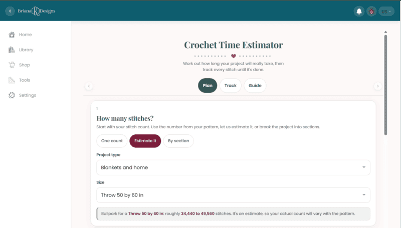 Screenshot of a “Crochet Time Estimator” web page showing options to estimate crochet time by project type, with fields for stitch count and a calculation result in red text. The interface also includes a handy yarn stash tracker to help organize your materials while planning your next project.