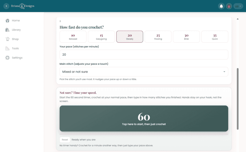 A crochet speed test interface with options to set pace, select stitch type, and a large timer displaying “60” seconds for timing crochet stitches—plus an integrated yarn stash tracker to help you keep tabs on your materials as you practice.