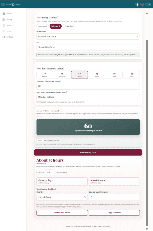 A crochet project planner webpage featuring stitch and row calculator inputs, a time estimation section, project summary options, and an integrated yarn stash tracker to easily manage your supplies.