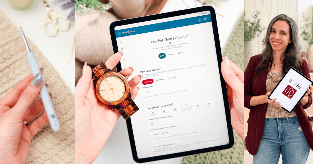A hand holds a crochet hook, another holds a watch and tablet showing a crochet time estimator, and a woman smiles holding a tablet with “We’re Live” on the screen—perfect tools for crafters looking to manage their projects and keep up with their yarn stash tracker.