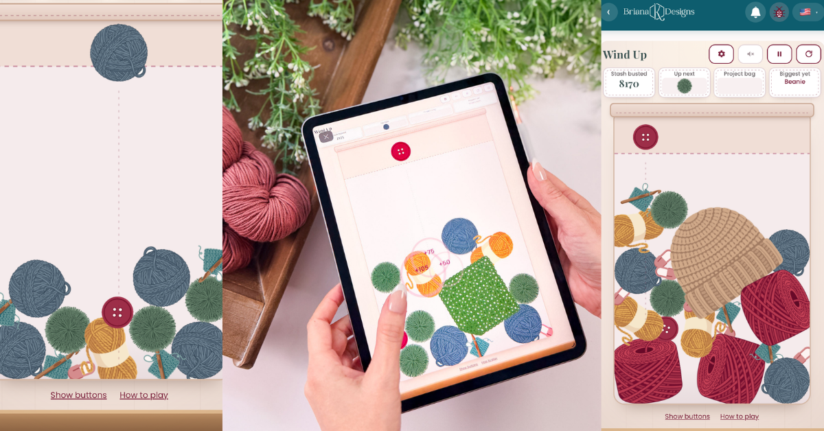 A person holds a tablet displaying a crochet game featuring a yarn-themed stacking challenge; yarn balls and buttons are visible on both the tablet and surrounding surfaces.