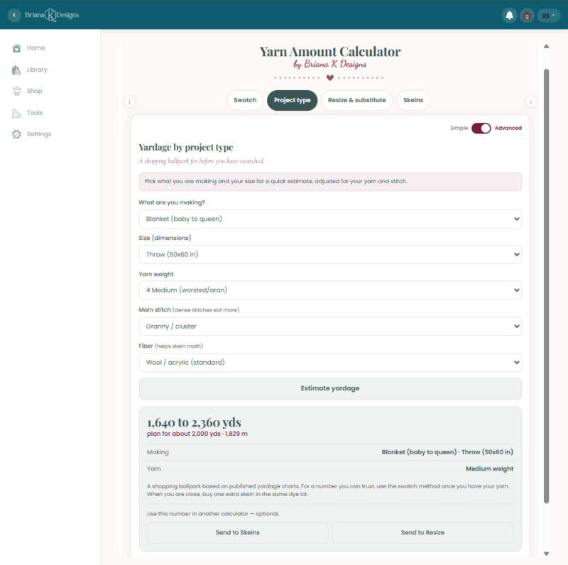 Screenshot of an online Yarn Amount Calculator tool showing dropdown options for project type, size, and stitch, with yardage calculations displayed below.