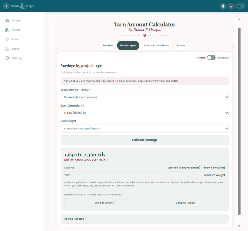 Screenshot of a yarn amount calculator web page showing dropdown options for project type, size, yarn weight, and an estimated required yardage for a blanket in medium weight yarn.