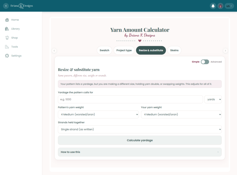 Screenshot of a “Yarn Amount Calculator” webpage displaying options to resize and substitute yarn, with dropdown menus for yarn weight and strand settings, and a button to calculate yardage.