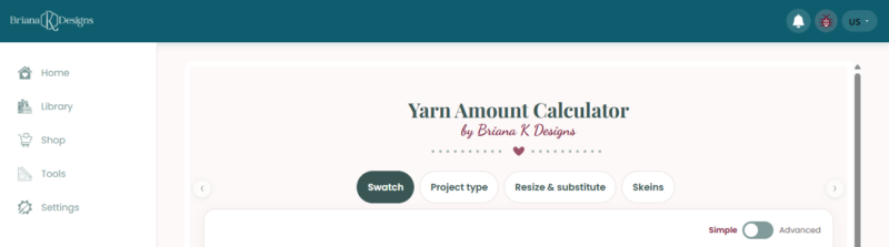 Screenshot of a webpage titled “Yarn Amount Calculator” with navigation links on the left and swatch, project type, and other options displayed.