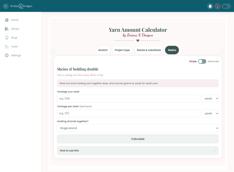 A yarn calculator interface shows fields for yardage needed, yardage per skein, a toggle for holding strands, and a “Calculate” button, under the “Skins” tab.