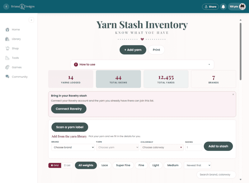 Web dashboard for a yarn stash tracker showing logged totals, Ravelry integration, and a form to add new yarn to the collection.