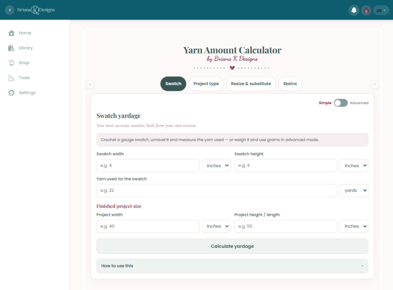 Yarn Amount Calculator webpage showing input fields for swatch size, yarn used, and finished project size, with options for measurement units and a calculate yardage button.