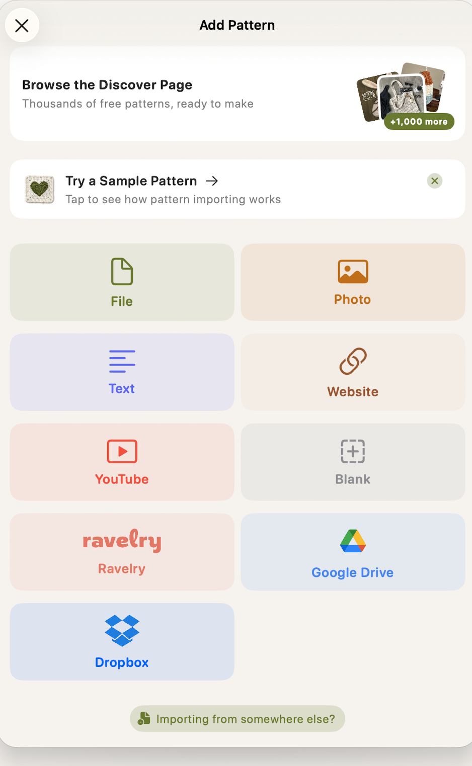 The Loopsy Add Pattern screen showing nine import sources including File, Photo, Text, Website, YouTube, Blank, Ravelry, Google Drive and Dropbox.
