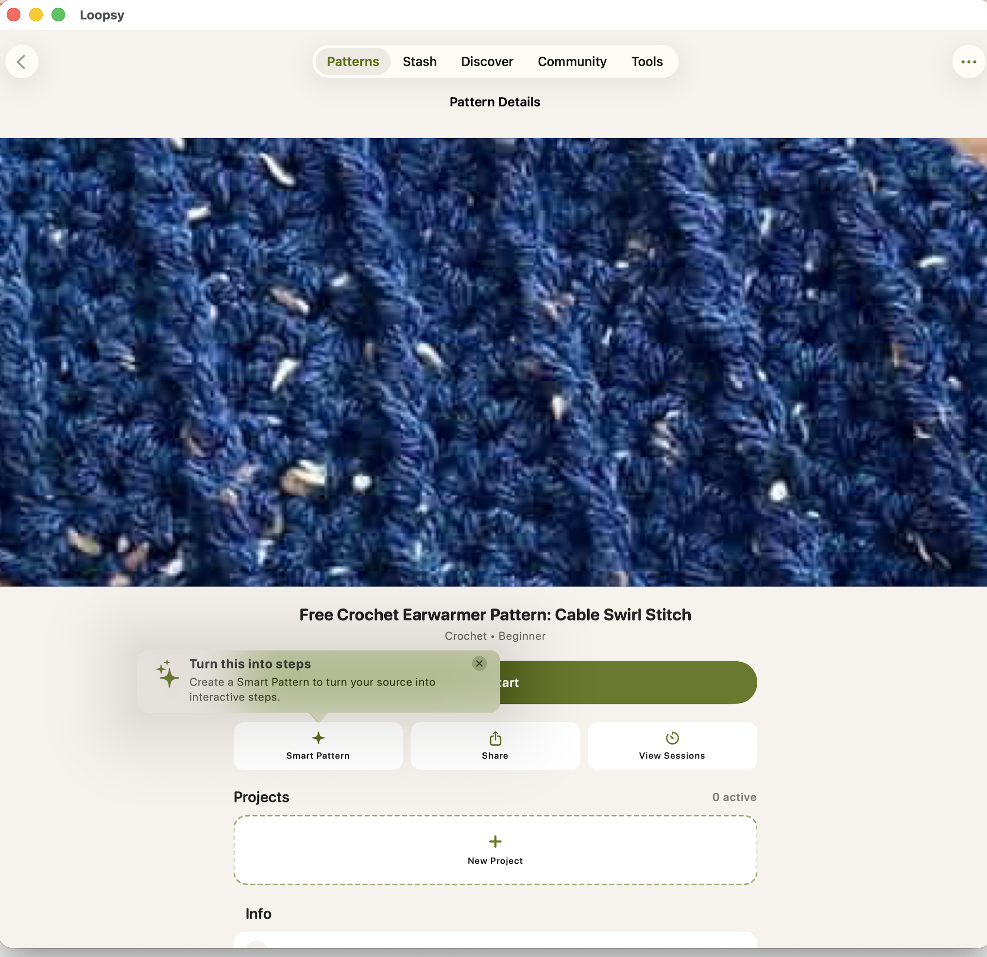 The Loopsy pattern screen with a tooltip reading Turn this into steps, create a Smart Pattern to turn your source into interactive steps.