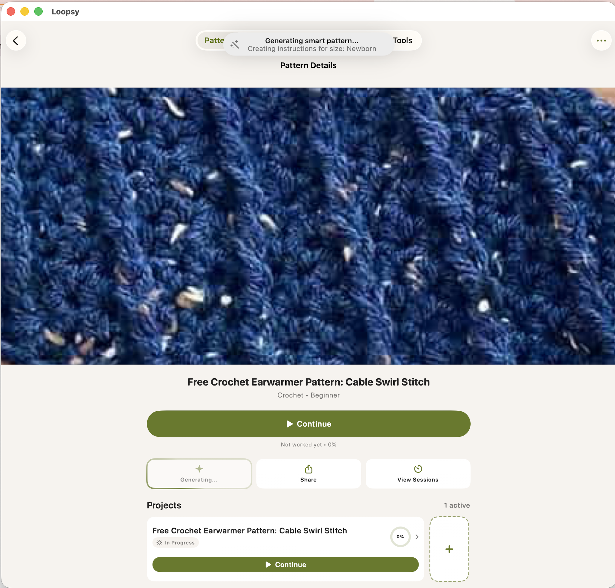 Loopsy generating a smart pattern, with a banner reading Creating instructions for size Newborn.