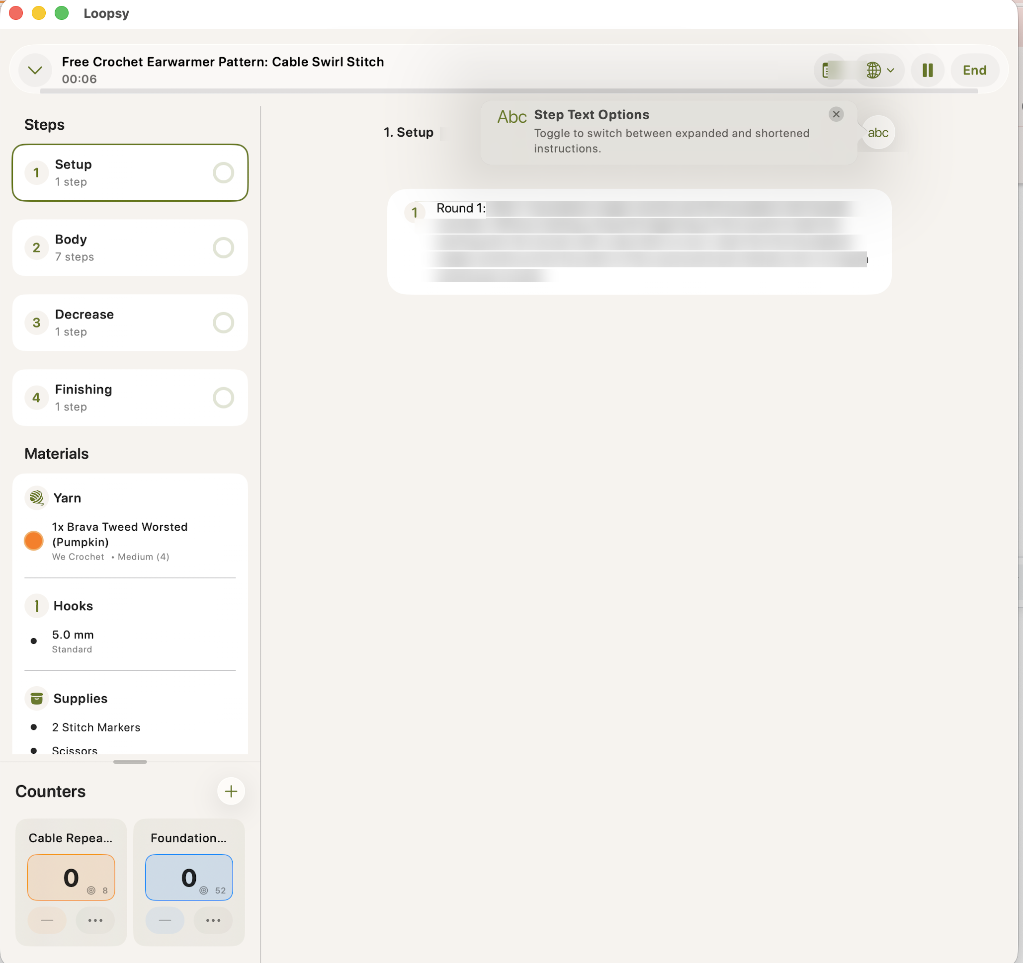 Loopsy Work Mode showing the generated pattern divided into Setup, Body, Decrease and Finishing, with instructions blurred.