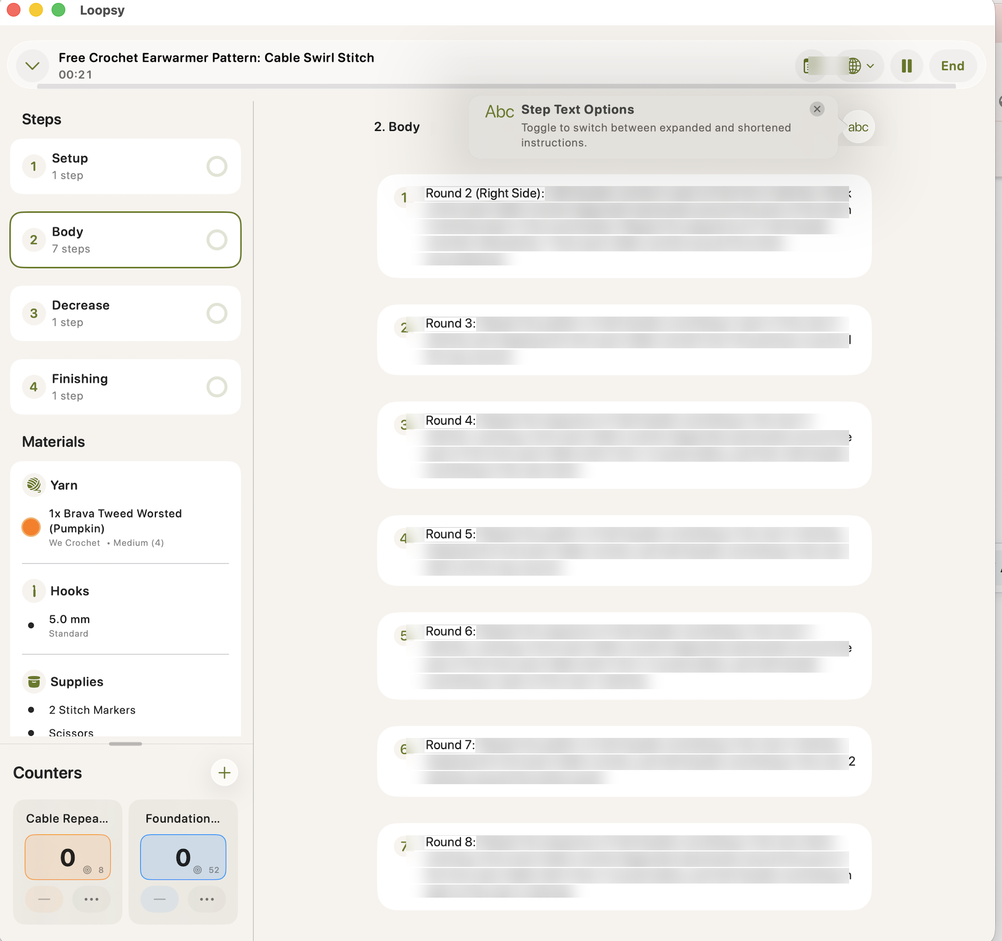 Loopsy Work Mode showing seven generated rounds in the Body section, instructions blurred.
