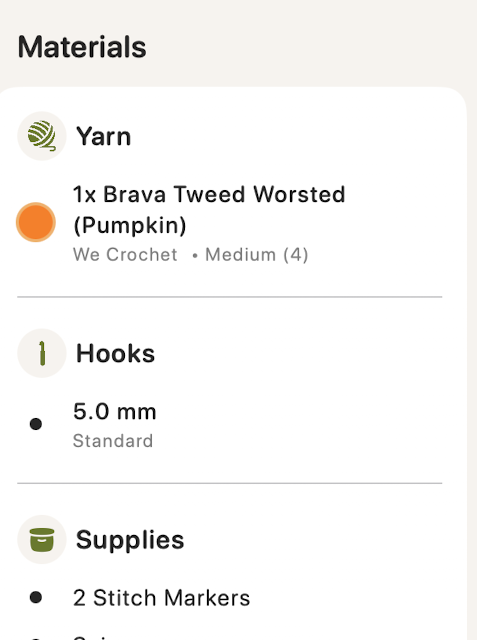 The Loopsy materials panel listing Brava Tweed Worsted Pumpkin from We Crochet, a 5.0 mm hook, 2 stitch markers and scissors, with no links.