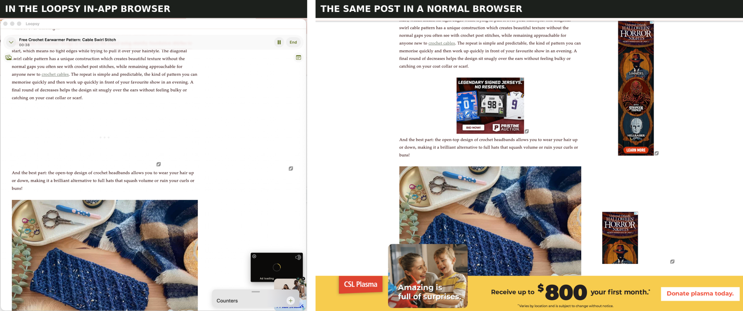Side by side comparison showing the blog post in the Loopsy in-app browser with empty ad slots, and the same post in a normal browser showing four ads.