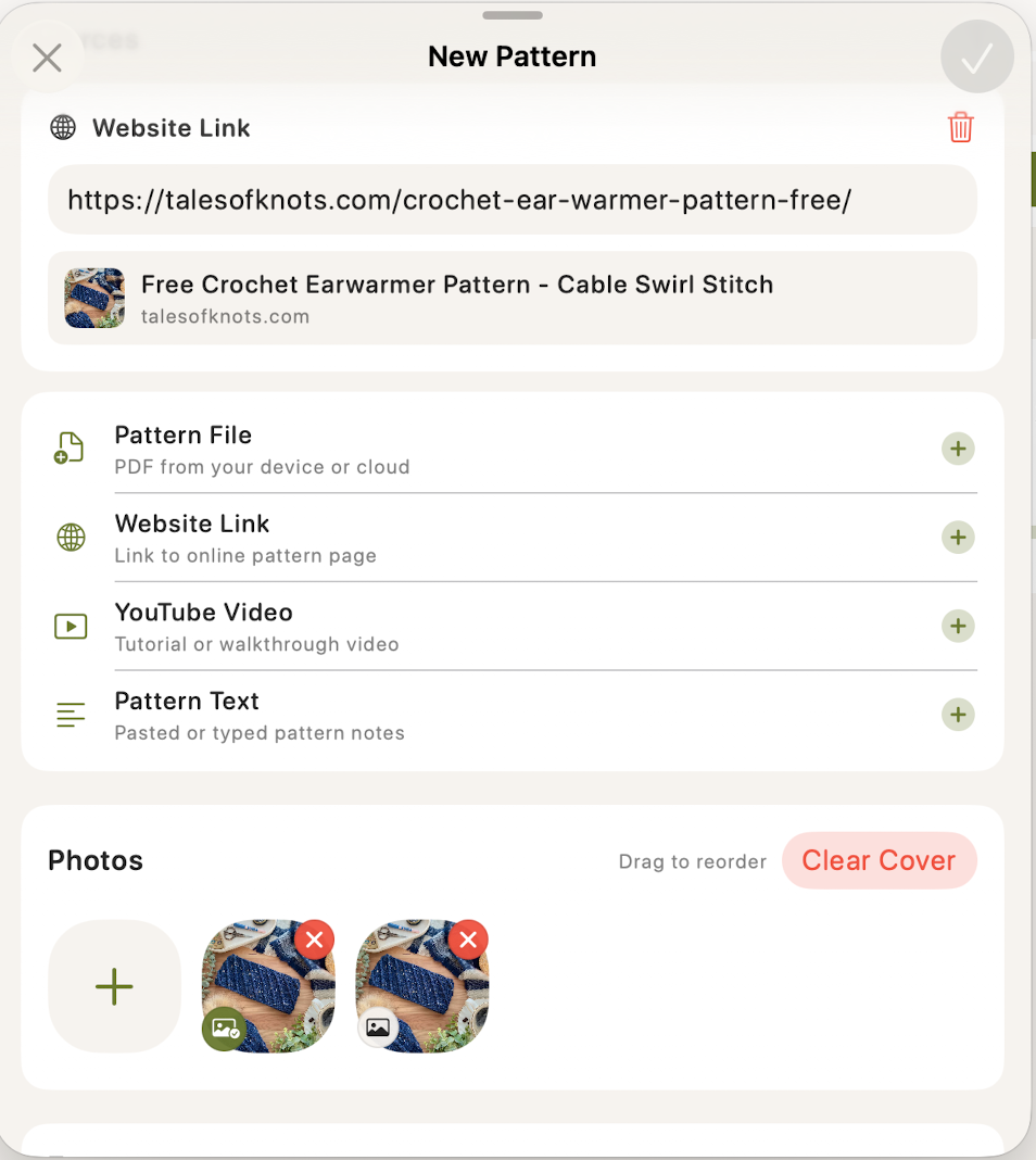 The Loopsy Sources panel showing the designer’s blog URL and two of her photographs saved into the app.