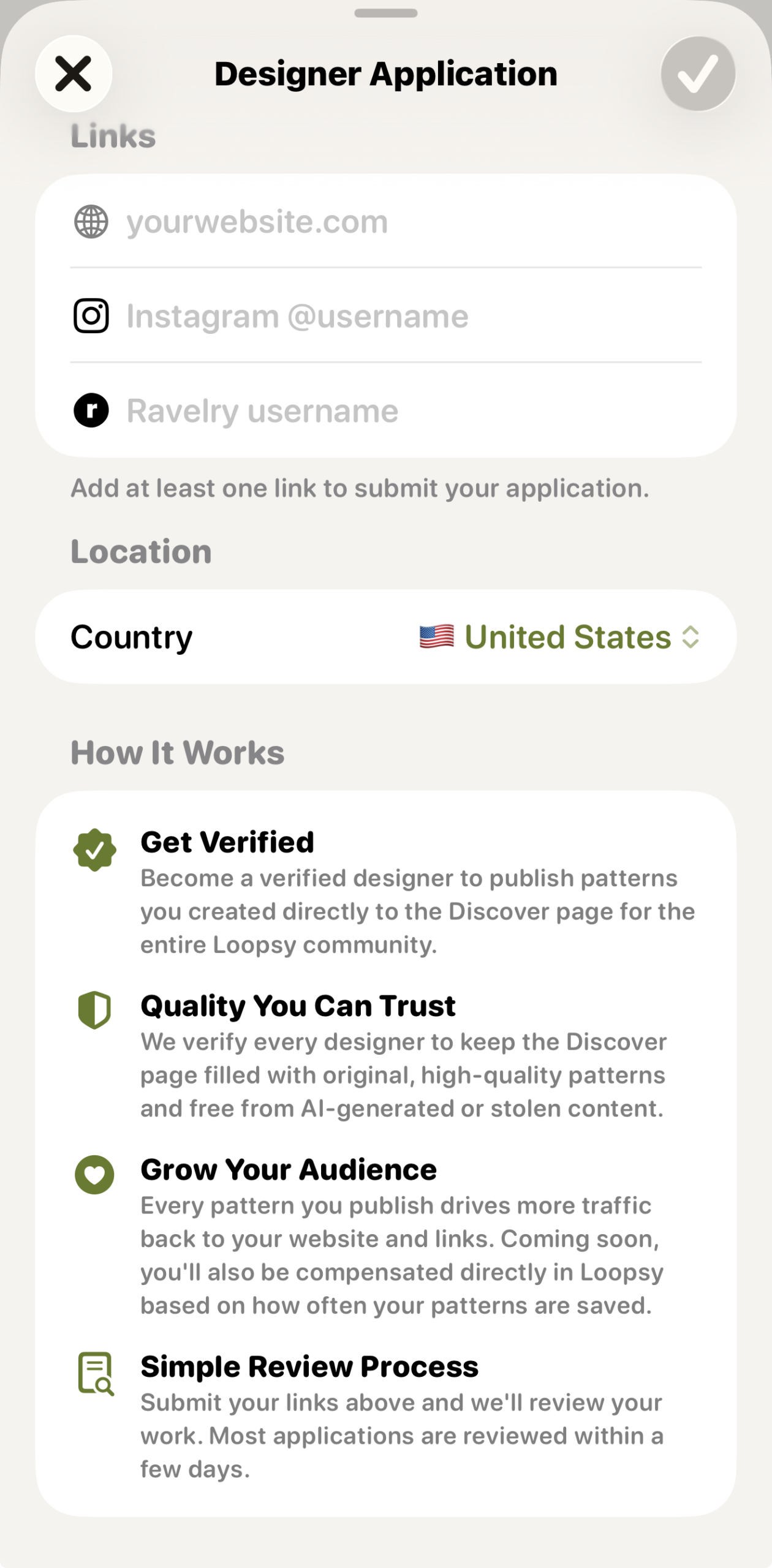 The Loopsy Designer Application screen describing verification, quality, audience growth and the review process.