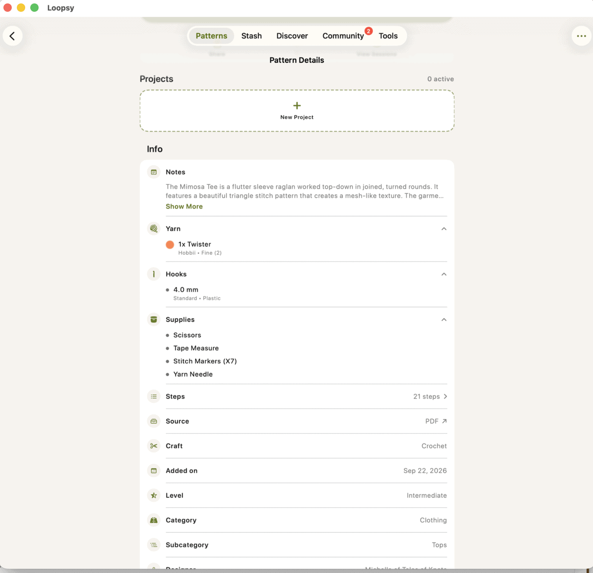 Loopsy pattern info panel showing source PDF, 21 steps, and a materials list with no links.