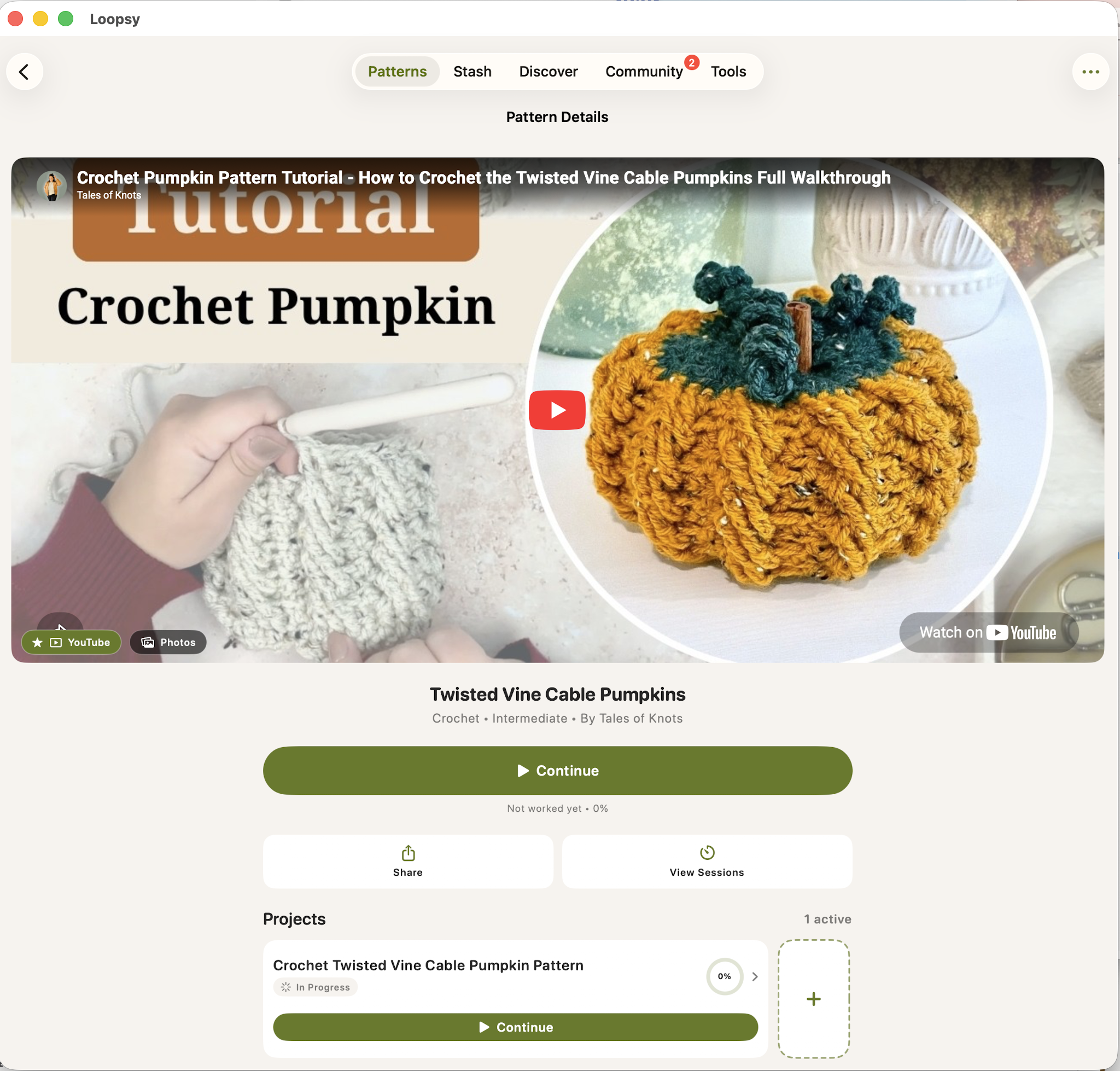 A Loopsy pattern created from a YouTube tutorial, showing the embedded video and the designer credit.