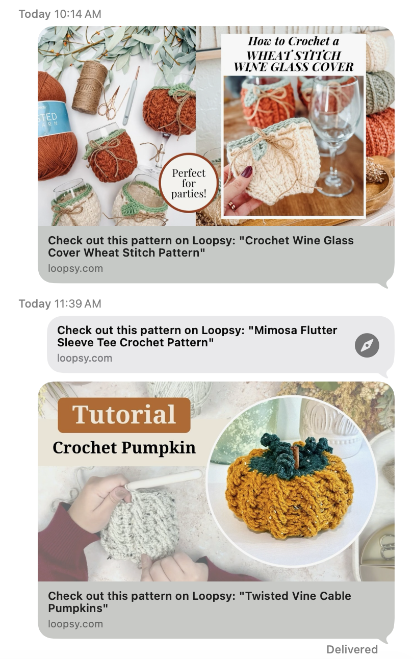 Three shared Loopsy pattern links in a message thread, each using the designer’s own promotional image, each captioned Check out this pattern on Loopsy and linking to loopsy.com.