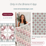 A woman holds a crocheted blanket with a granny square pattern; a phone shows an app for designing similar patterns and blanket layouts.