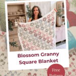 Woman holding a crocheted granny square blanket in front of shelves with yarn; text reads “Blossom Granny Square Blanket” and “Free Pattern.”.