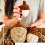 A person holding a small crocheted acorn above a tray with two larger crocheted acorns and dried plants. Text includes “Wheat Stitch Acorns” and “Free Pattern + Video Tutorial.”.