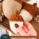 A hand holds a crocheted acorn in front of two larger crocheted acorns. Text reads: “Free Crochet Pattern. Wheat Stitch Acorns 3 Sizes.”.