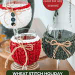 Three wine glasses with crochet covers in white, red, and green yarn, decorated with twine bows and buttons, displayed on a table. Text promotes a free crochet pattern for the covers.