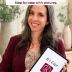 Woman smiling and holding a tablet displaying the Briana K Designs App logo; text above explains how to get the app on iPhone, Android, or computer with step-by-step instructions and pictures.