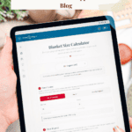 Person holding a tablet displaying a blanket size calculator tool on a website, with a headline promoting a free tool for finding blanket sizes and an integrated crochet time estimator.