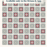 Grid of intricate blue and pink granny square crochet motifs displayed as a blanket layout, with text detailing size options and app availability.