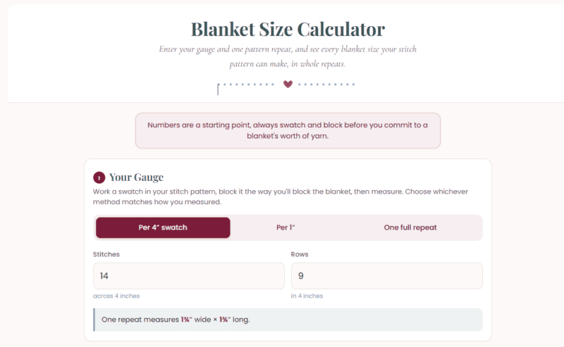 Screenshot of a blanket size calculator showing input fields for swatch measurements, with example values of 14 stitches and 9 rows over a 4-inch swatch. This tool also features a crochet time estimator to help plan your next project.