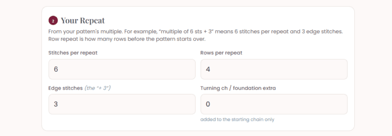 A crochet pattern calculator interface displays fields for stitches per repeat, rows per repeat, edge stitches, turning chain or foundation extra, and can be paired with a crochet time estimator to help you efficiently plan your projects.