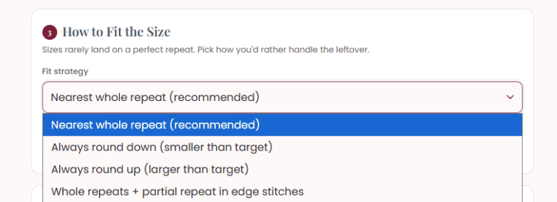 A dropdown menu shows four fit strategy options for size adjustment, with “Nearest whole repeat (recommended)” selected, helping users find the best approach when using the crochet time estimator.