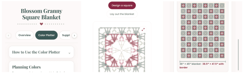 Screenshot showing a digital pattern tool for a Blossom Granny Square Blanket, featuring color options and a visual layout of arranged crochet squares.