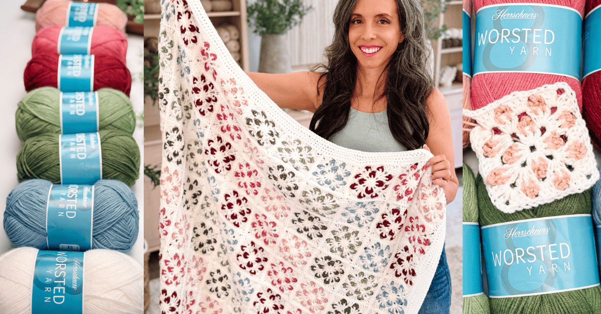 A woman holds a multicolored crocheted blanket; on either side are close-ups of skeins of worsted yarn in various colors and a granny square motif.