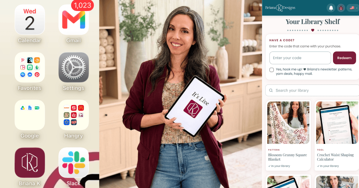 A phone home screen, a woman holding a tablet with a logo, and a website page showing digital crochet patterns. Perfect inspiration for anyone looking to try the latest crochet game or explore new creative projects online.
