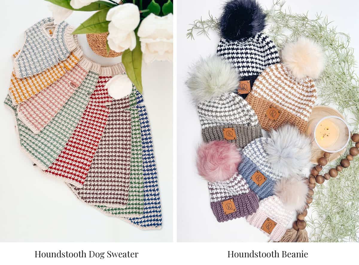 Side-by-side flat lays of crochet houndstooth stitch projects: eight houndstooth dog sweaters in bright colors like red, cobalt blue and mustard on the left, and six houndstooth beanies with faux fur pom-poms in black, camel, taupe, plum, denim and blush on the right