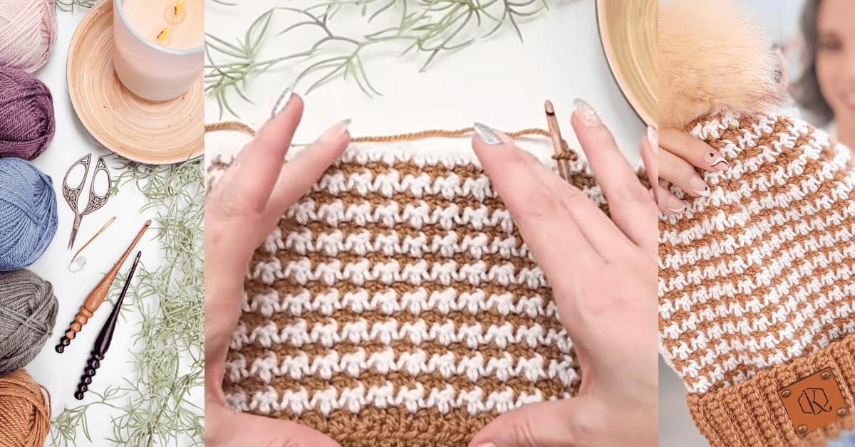 Hands holding a camel and white houndstooth crochet swatch with the hook still in it, skeins of yarn, crochet hooks and scissors on the left, and a finished camel and white houndstooth beanie with a faux fur pom-pom on the right