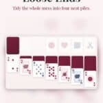 A digital crochet solitaire game interface labeled “Loose Ends” shows playing cards being organized into four piles, with instructions to tidy the cards.