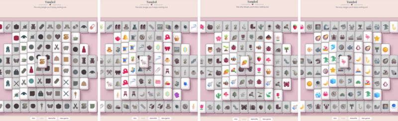 Four screenshots of the online tile-matching game Tangled, each showing different sets of colorful tiles with various icons in play on a pink background—reminiscent of the cozy creativity found in a crochet solitaire game.