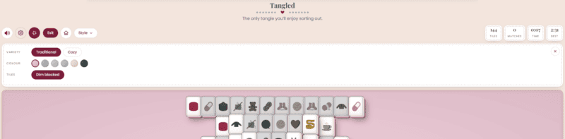 Screenshot of an online Mahjong game titled “Tangled,” showing the game board, tile options, and stats including tiles left, matches, and time elapsed—perfect for fans of classic puzzles or anyone who enjoys a crochet solitaire game twist.