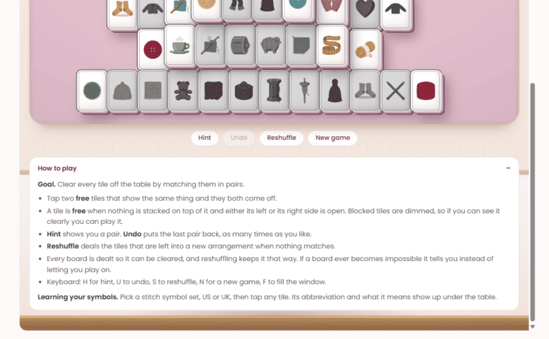 Screenshot of a tile-matching game interface showing tiles with images and an instruction panel below the game area, blending classic gameplay with a crochet solitaire game aesthetic. Tangled How to play panel explaining free tiles, Hint, Undo and Reshuffle.