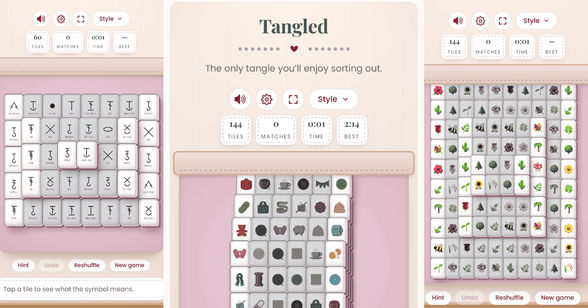 Screenshot of an online tile-matching puzzle game called Tangled, showing three different game boards with various symbols and icons on tiles, reminiscent of a crochet solitaire game, along with game controls and scores.