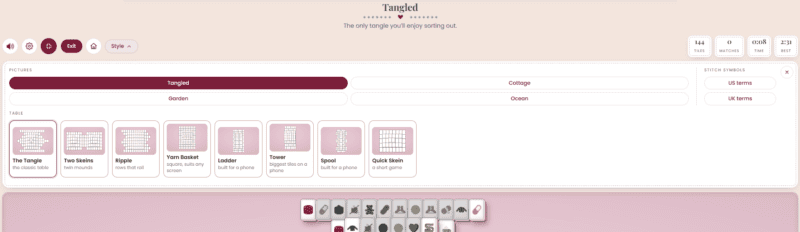 Screenshot of a website called Tangled showing yarn storage options like skeins and balls, with navigation tabs for different room themes and buttons for UK or US terminology. The homepage also highlights features inspired by the popular crochet solitaire game, adding a creative twist for craft enthusiasts.