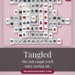 A digital crochet game with sewing-themed icons on pink tiles is displayed above the text: “Tangled. The only tangle you’ll enjoy sorting out. BRIANAKDESIGNS.COM.“.
