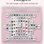 A crochet game-inspired matching tile board with various icons on a pink background, titled “Tangled.” Promotional text and a website URL frame the board.